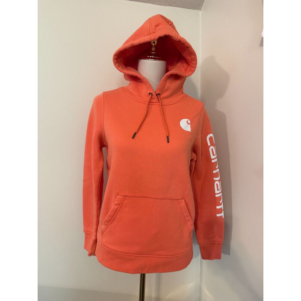 Carhartt Women’s Clarksburg Logo Sleeve Hoodie XS Coral Orange Relaxed Fit